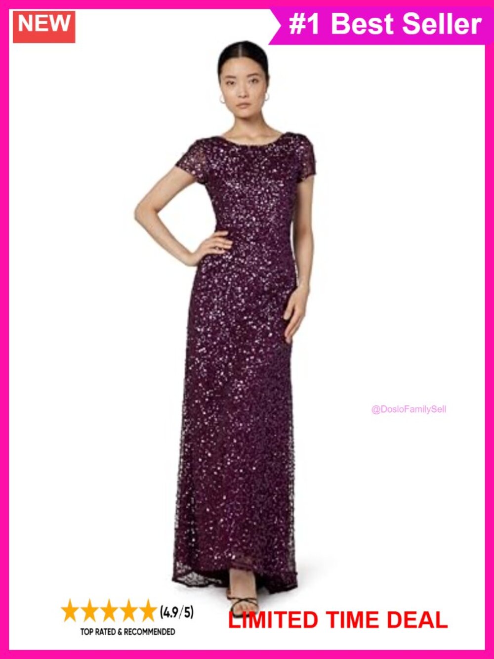 Sequin Evening Gown Scoop Back Short Sleeve Long Formal Dress with Train